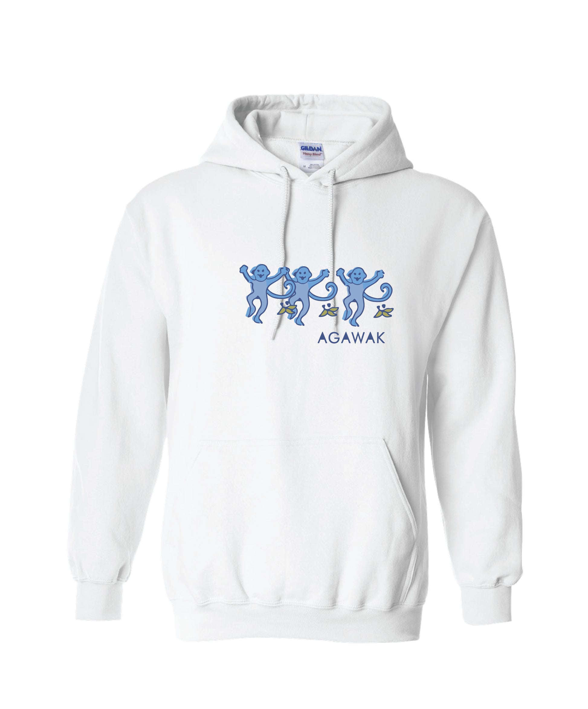 White hoodie sweatshirt with three blue monkeys dancing and  'Camp Agawak' text, custom designed by Thread Luv