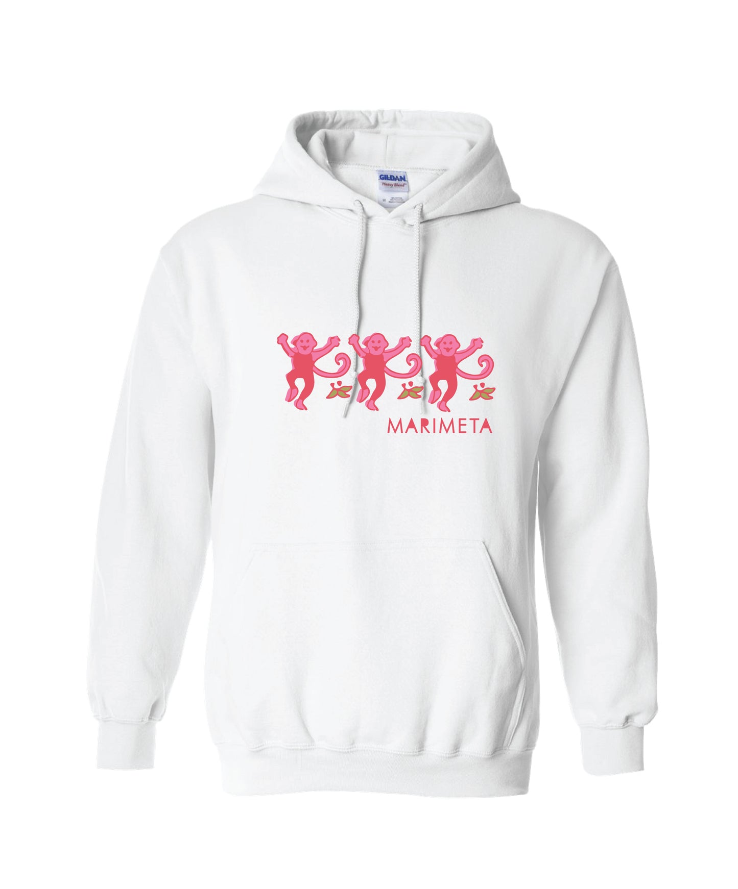 White hoodie with three pink dancing monkeys and 'Camp MARIMETA' text, custom designed by Thread Luv
