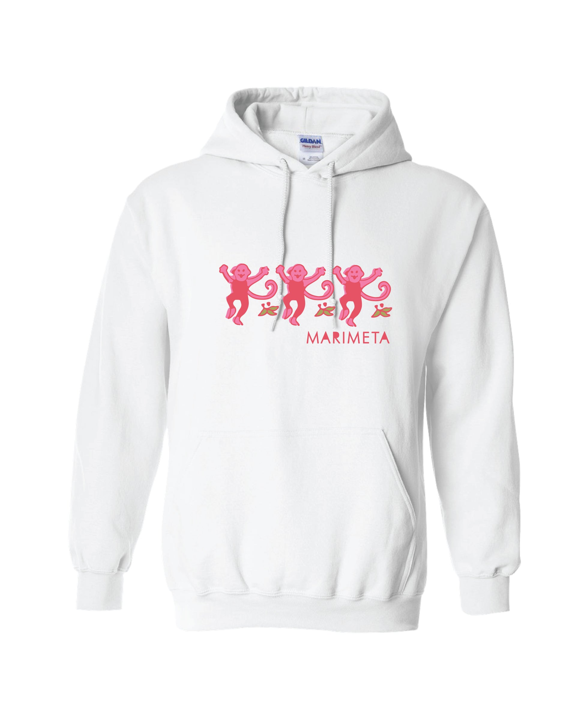 White hoodie with three pink dancing monkeys and 'Camp MARIMETA' text, custom designed by Thread Luv