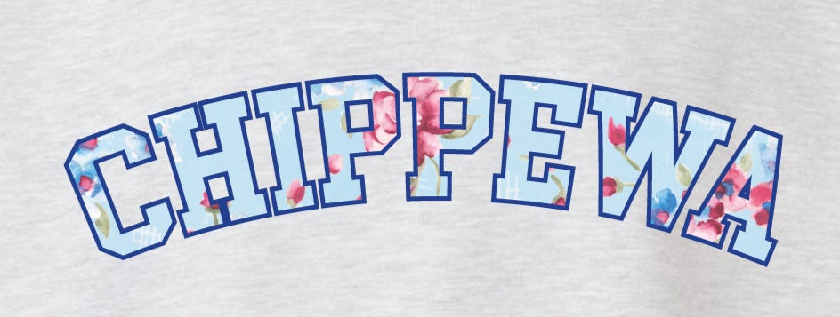 Ash grey crewneck tee with 'CHIPPEWA' text in blue outline filled with pink floral pattern