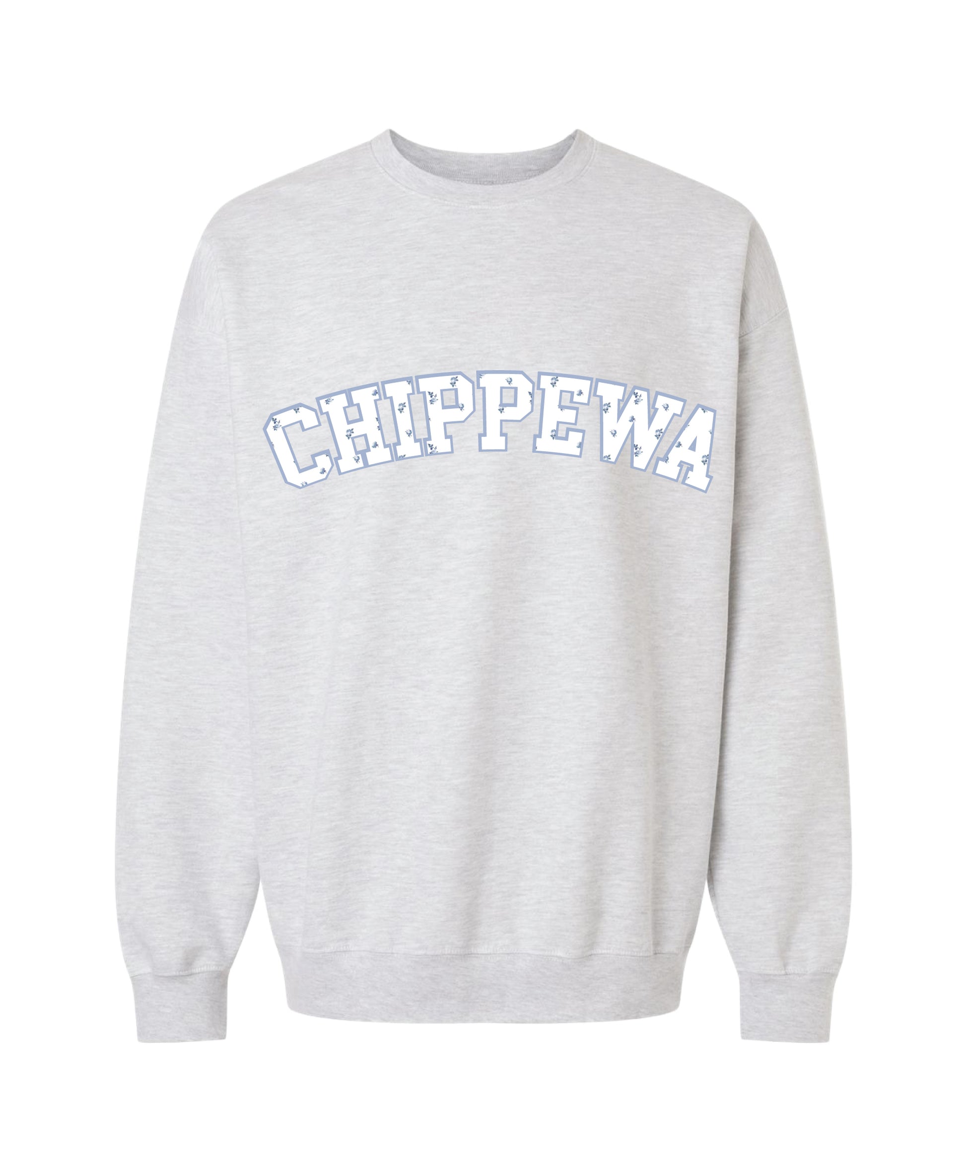 Ash grey crewneck sweatshirt with 'CHIPPEWA' text in blue and white outline filled with small blue floral design