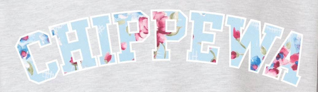 Ash grey crewneck sweatshirt with 'CHIPPEWA' text in white outline filled with light blue and pink floral pattern