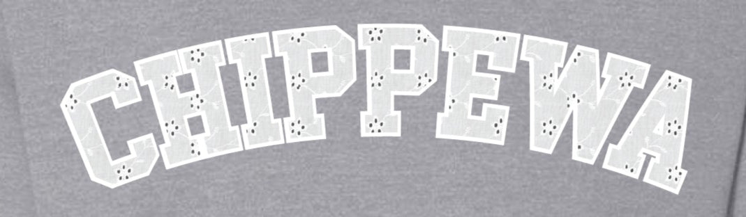 Sport grey crewneck sweatshirt with 'CHIPPEWA' text in white outline filled with eyelet pattern