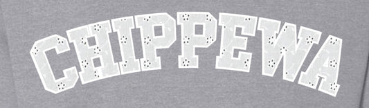 Sport grey crewneck sweatshirt with 'CHIPPEWA' text in white outline filled with eyelet pattern