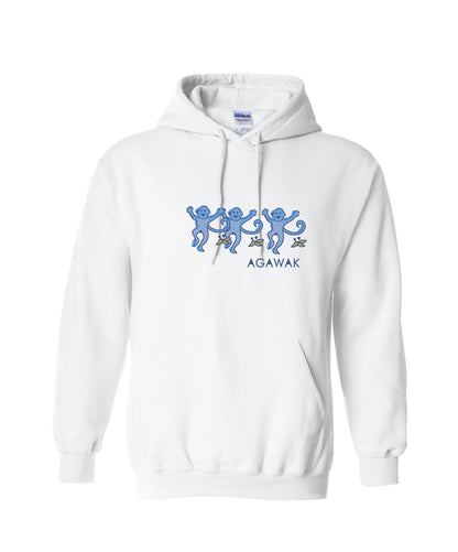 White hoodie sweatshirt with three blue monkeys dancing and  'Camp Agawak' text, custom designed by Thread Luv 