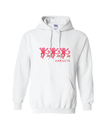 White hoodie with three pink dancing monkeys and 'Camp MARIMETA' text, custom designed by Thread Luv