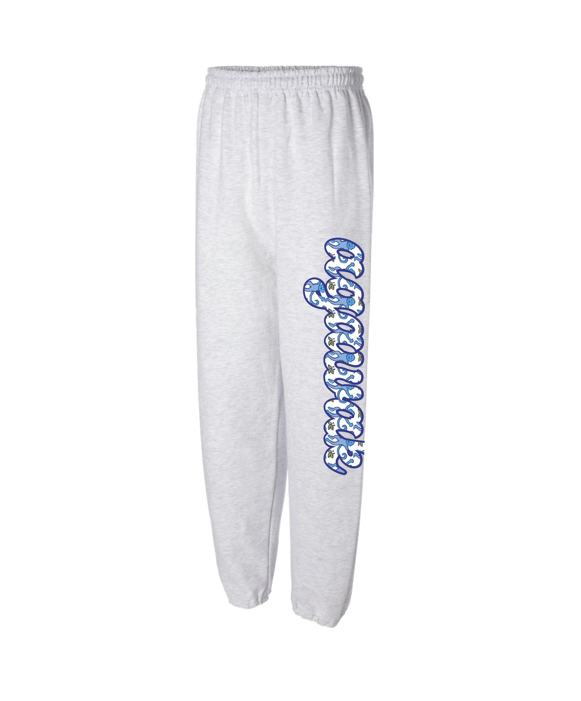 Light ash grey sweatpants with 'Camp Agawak' text in a blue monkeys pattern down the leg.