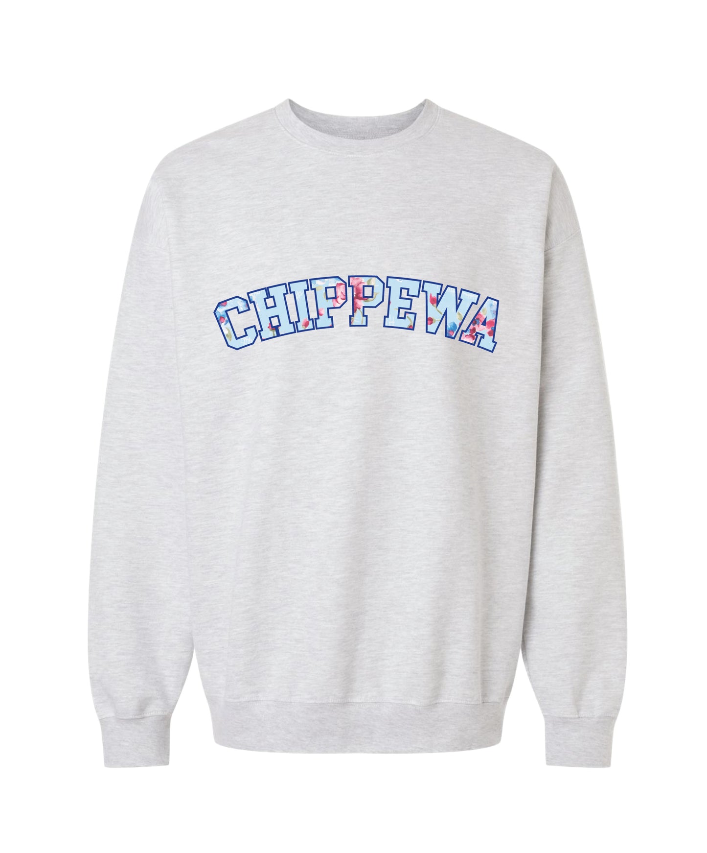 Ash grey crewneck sweatshirt with 'CHIPPEWA' text in blue outline filled with pink floral pattern
