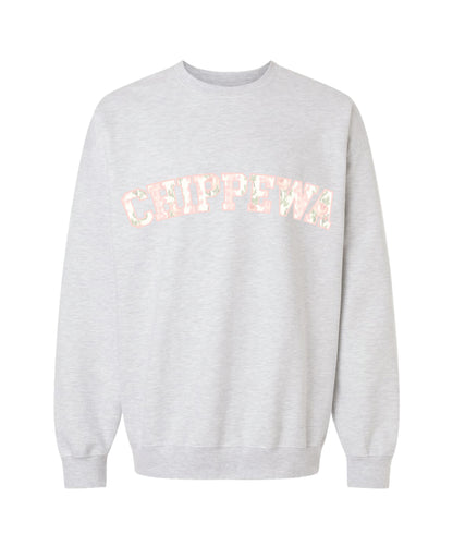 Ash grey crewneck sweatshirt with 'CHIPPEWA' text in pink outline filled with subtle floral pattern