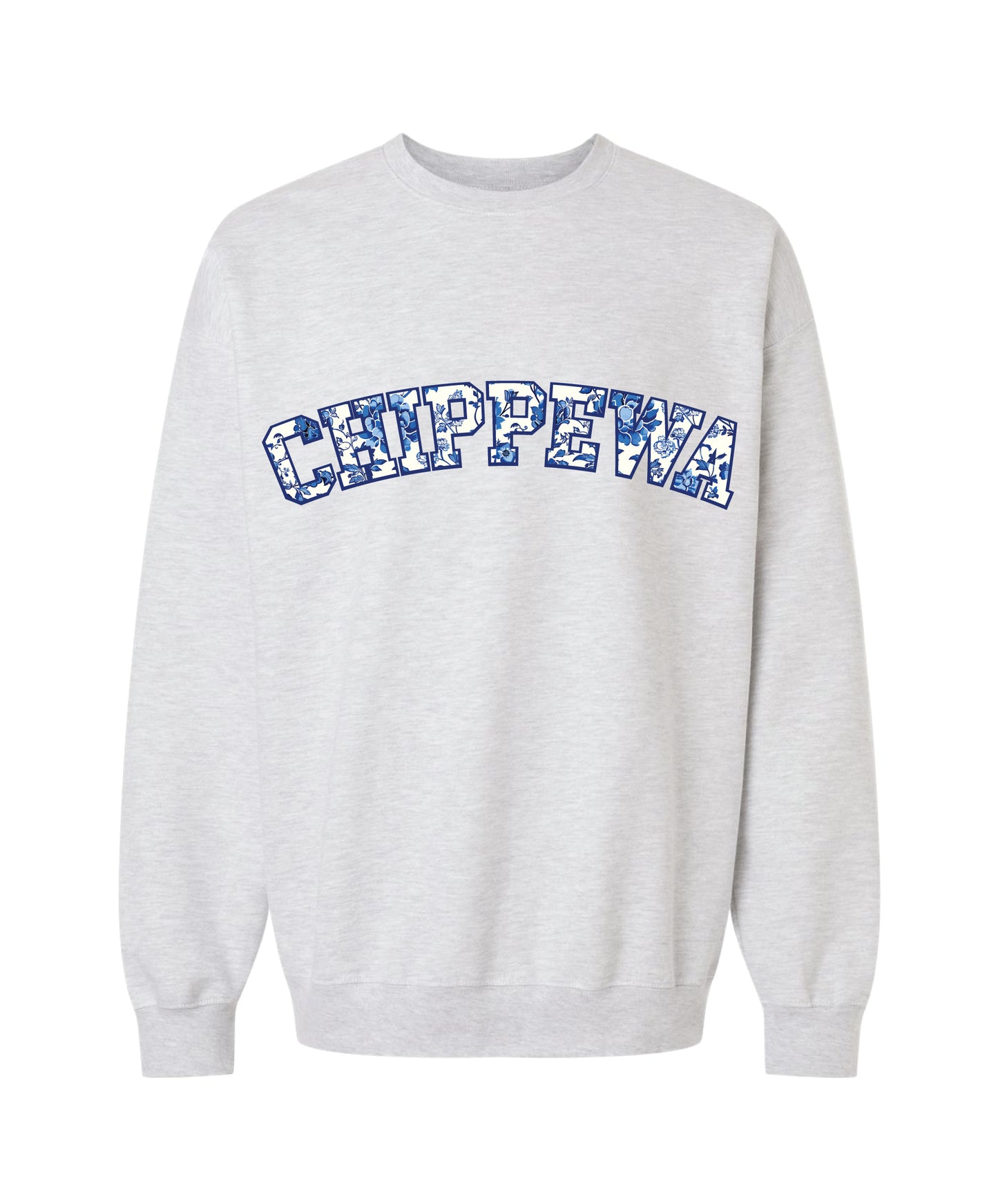 Ash grey crewneck sweatshirt with 'CHIPPEWA' text in blue outline filled with white and blue floral pattern
