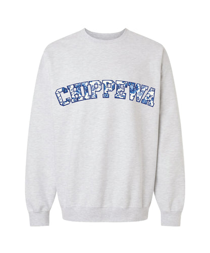 Ash grey crewneck sweatshirt with 'CHIPPEWA' text in blue outline filled with white and blue floral pattern
