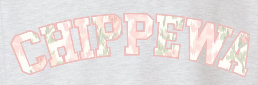 Ash grey crewneck sweatshirt with 'CHIPPEWA' text in pink outline filled with subtle floral pattern