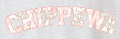 Ash grey crewneck sweatshirt with 'CHIPPEWA' text in pink outline filled with subtle floral pattern