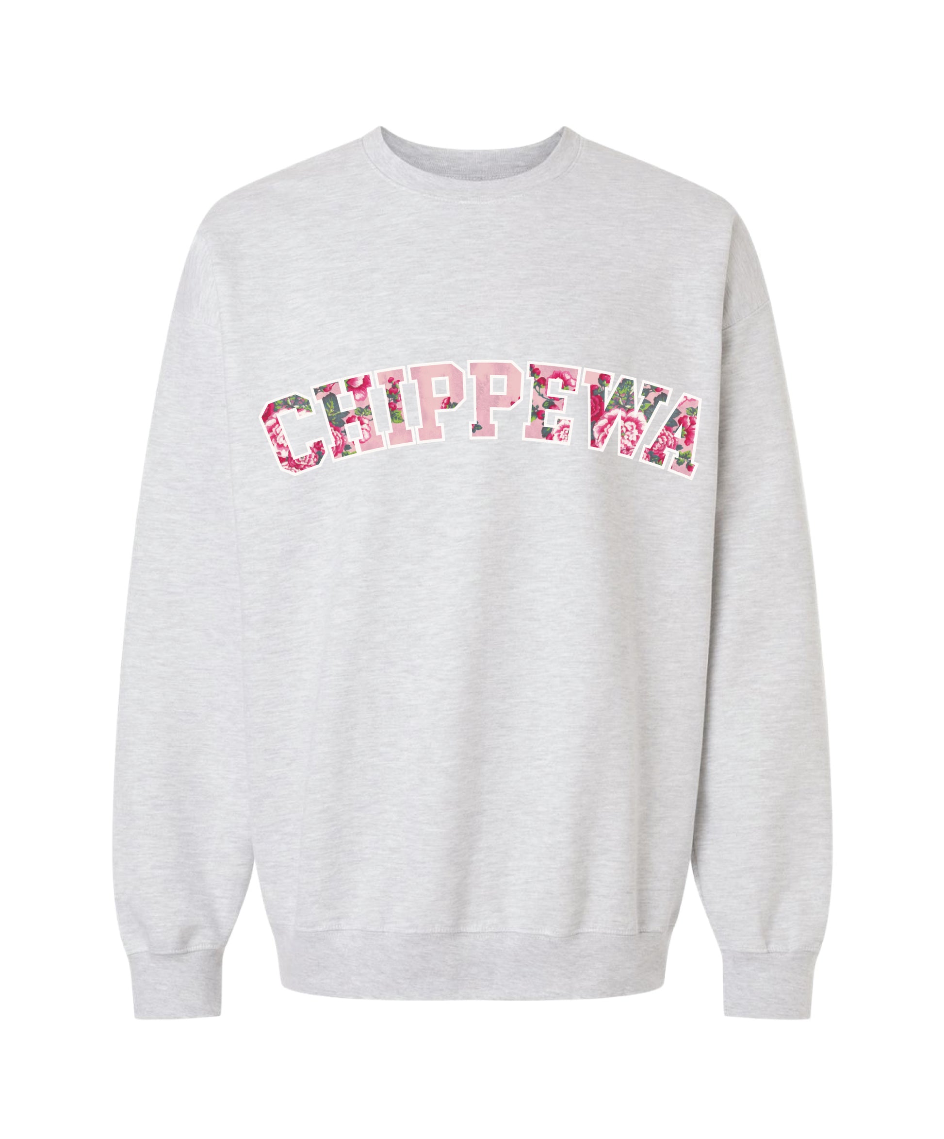 Ash grey crewneck sweatshirt with 'CHIPPEWA' text in pink outline filled with vibrant pink floral pattern