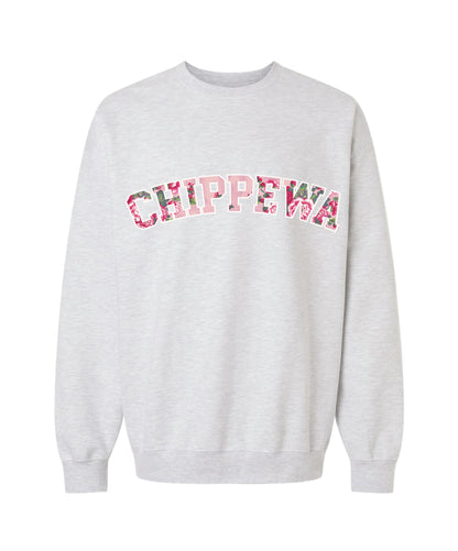 Ash grey crewneck sweatshirt with 'CHIPPEWA' text in pink outline filled with vibrant pink floral pattern