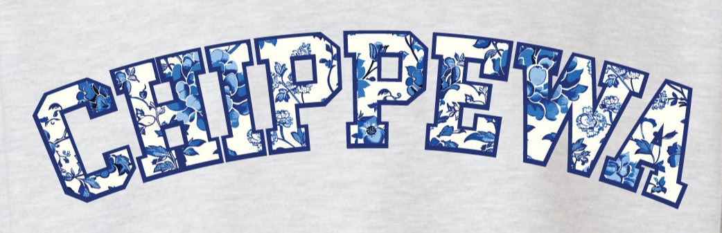 Ash grey crewneck sweatshirt with 'CHIPPEWA' text in blue outline filled with white and blue floral pattern