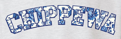 Ash grey crewneck sweatshirt with 'CHIPPEWA' text in blue outline filled with white and blue floral pattern