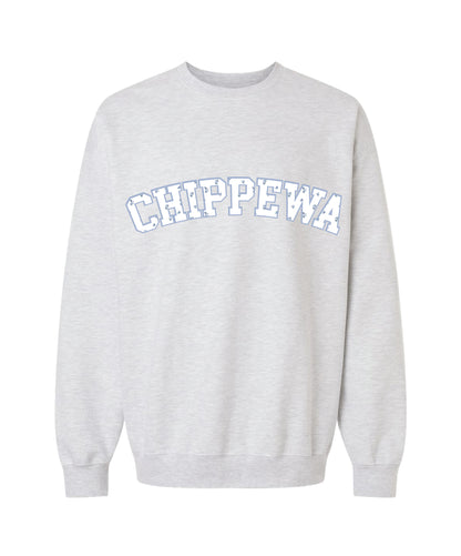 Ash grey crewneck sweatshirt with 'CHIPPEWA' text in blue and white outline filled with small blue floral design