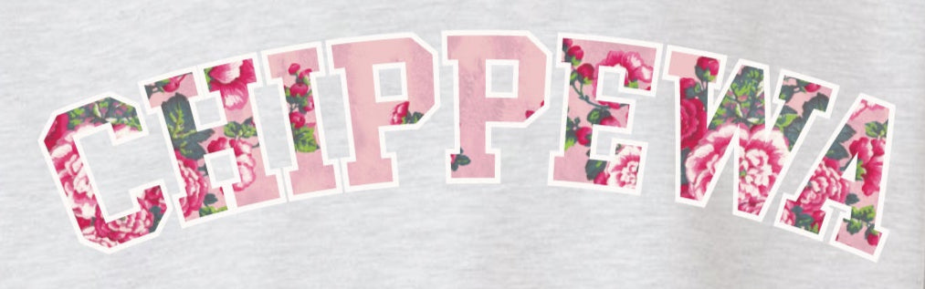 Ash grey crewneck sweatshirt with 'CHIPPEWA' text in white outline filled with vibrant pink floral pattern