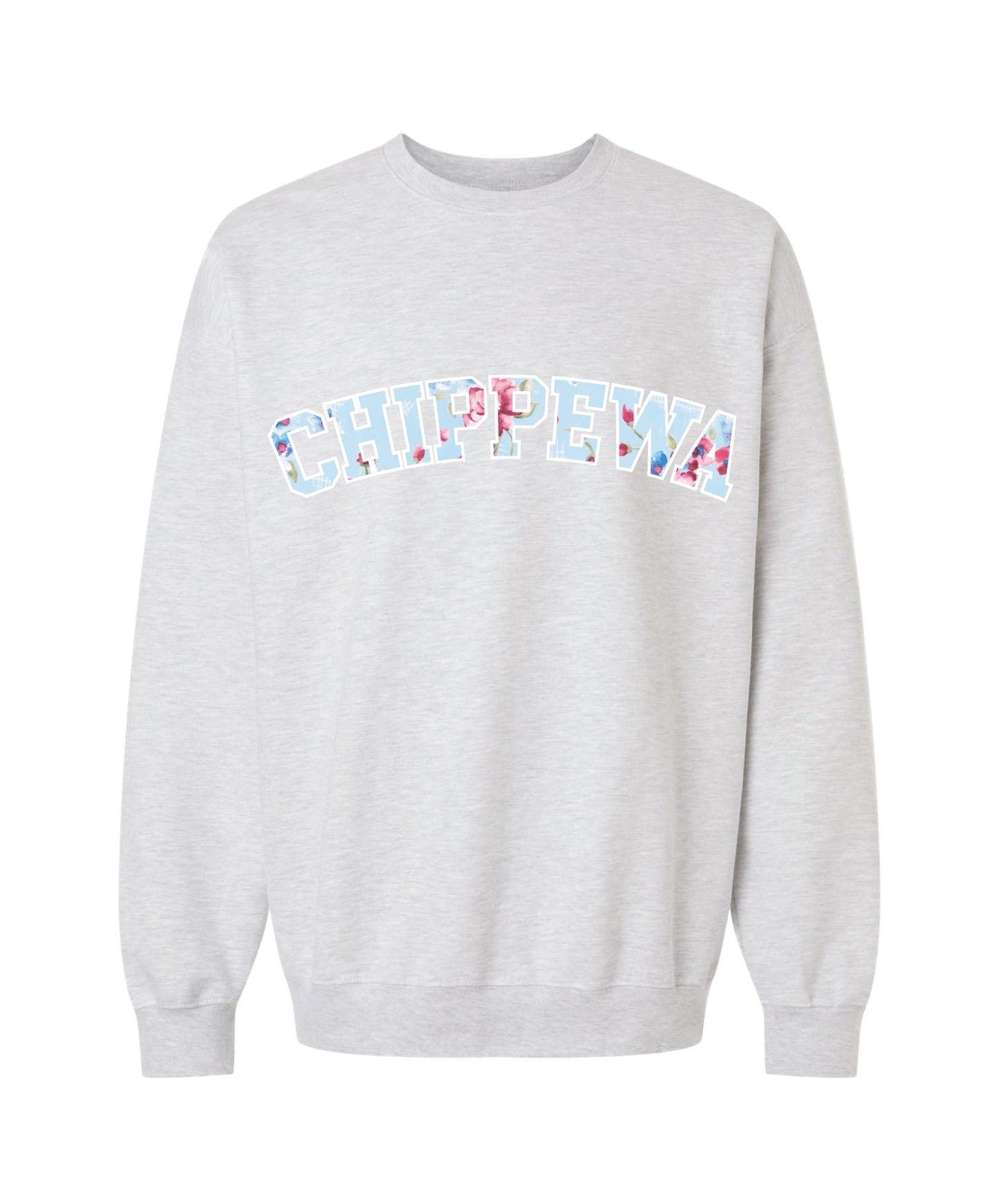 Ash grey crewneck sweatshirt with 'CHIPPEWA' text in white outline filled with light blue and pink floral patter