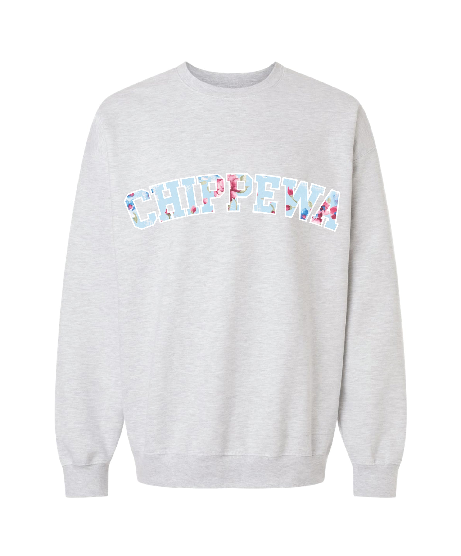 Ash grey crewneck sweatshirt with 'CHIPPEWA' text in white outline filled with light blue and pink floral patter