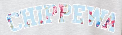 Ash grey crewneck sweatshirt with 'CHIPPEWA' text in white outline filled with light blue and pink floral pattern