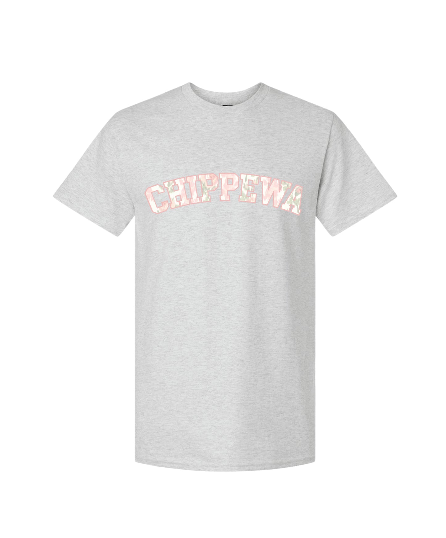 Ash grey crewneck t-shirt with 'CHIPPEWA' text in pink outline filled with subtle floral pattern