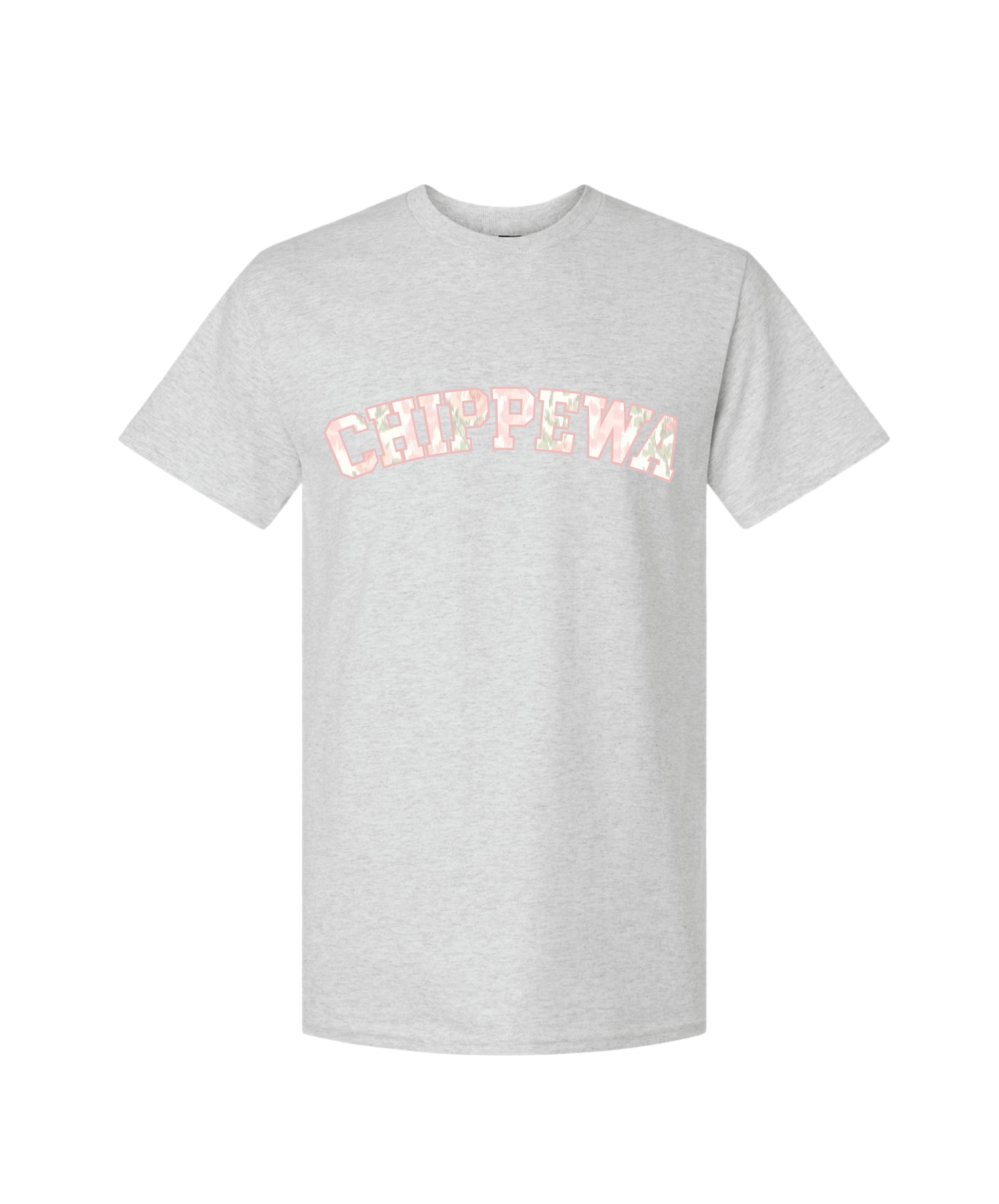 Ash grey crewneck t-shirt with 'CHIPPEWA' text in pink outline filled with subtle floral pattern